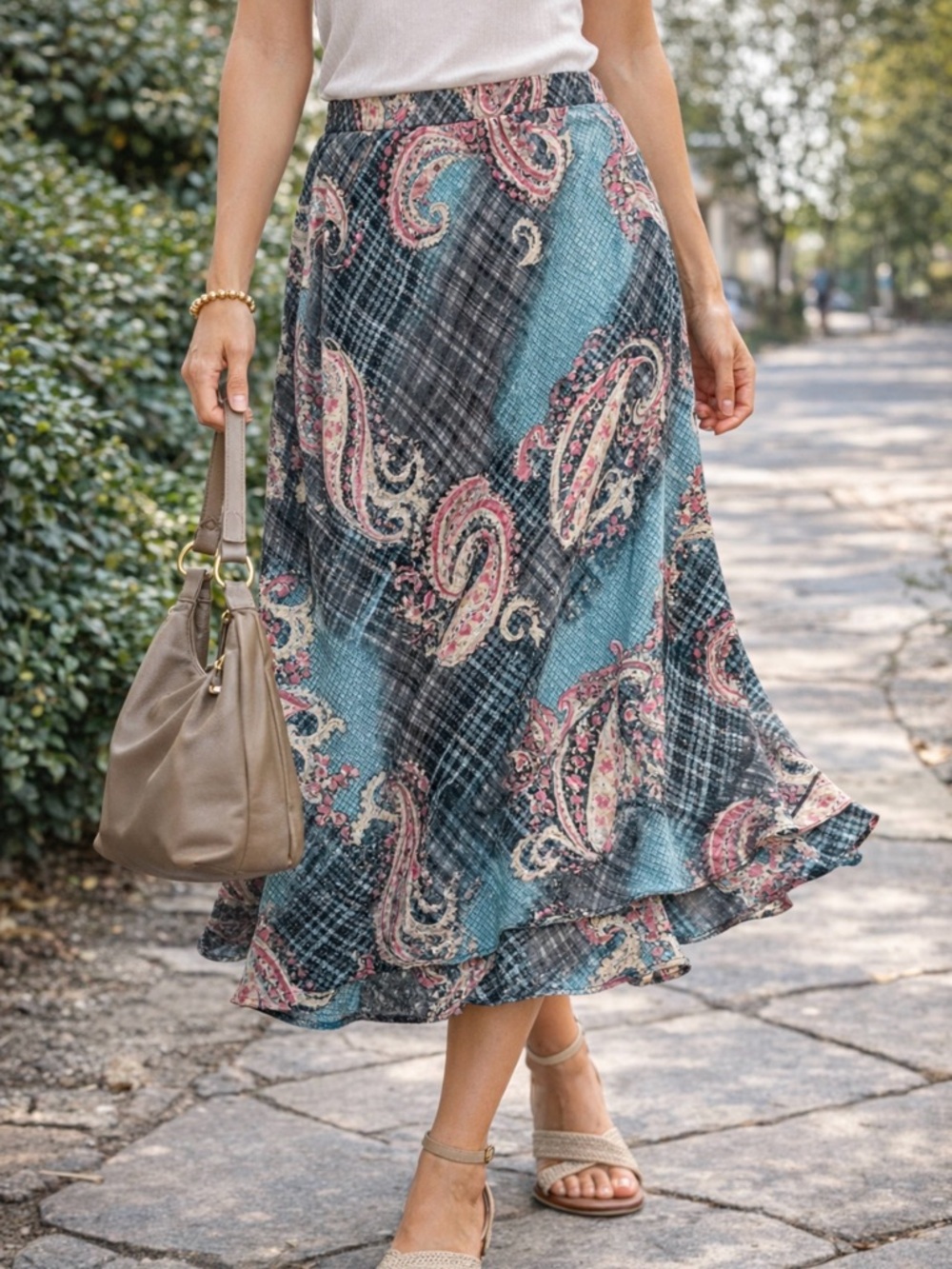 Koret NWT Paisley Midi Skirt Sz 16 Boho Flowy Blue Pink A-Line